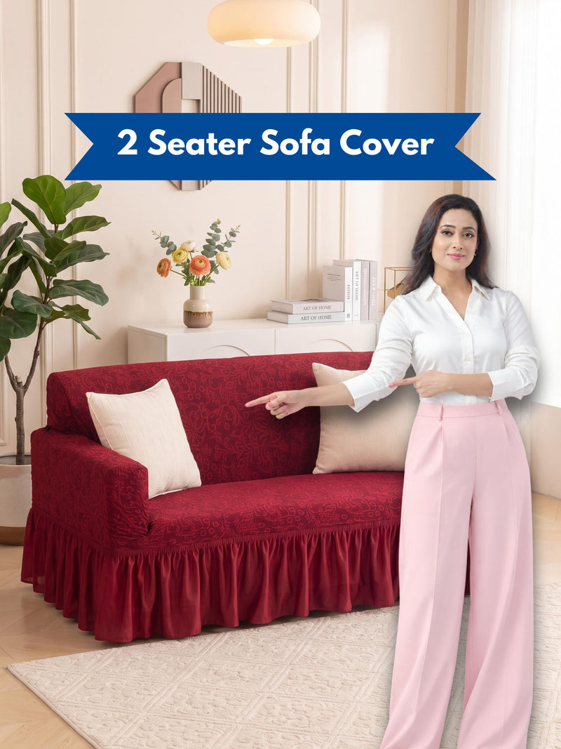 Premium Jacquard Elastic Stretch 2-Seater Sofa Cover with Ruffle Frill Skirt – Fitted Couch Slipcover (Maroon / Red)