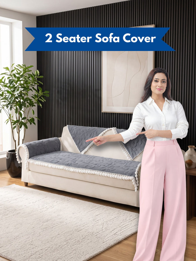 Luxury Floral Jacquard 2-Seater Sofa Cover Mat with Pom-Pom Lace Border – Anti-Slip Loveseat Runner Protector Set (Steel Blue / Grey-Blue)