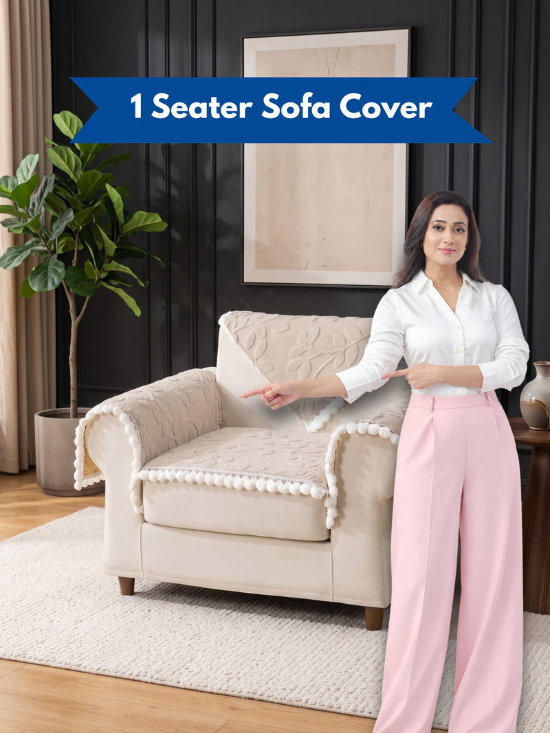 Luxury Floral Jacquard 1-Seater Sofa Cover Mat with Pom-Pom Lace Border – Anti-Slip Armchair Runner Protector Set (Beige / Cream)