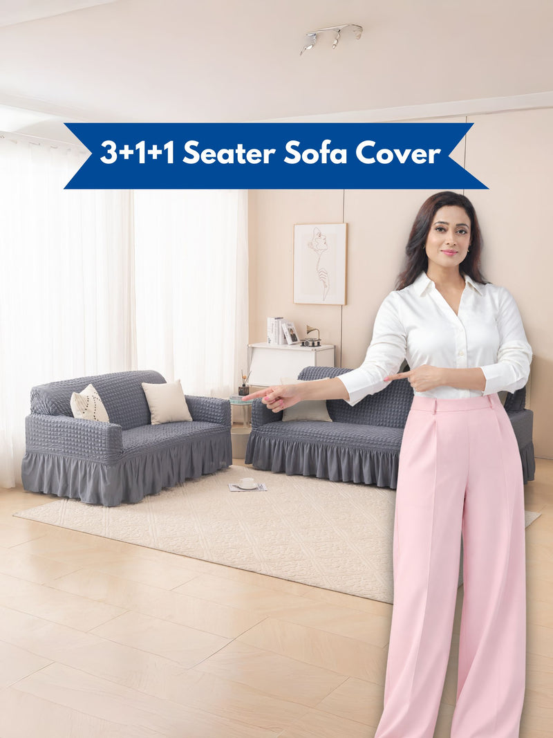 Dark Grey 3+1+1 Seater Stretchable Sofa Cover Set | Premium Fitted Sofa Covers | Magic In Home