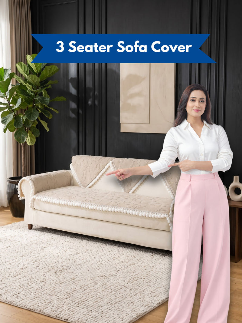 Luxury Floral Jacquard 3-Seater Sofa Cover Mat with Pom-Pom Lace Border – Anti-Slip Couch Runner Protector Set (Beige / Cream)