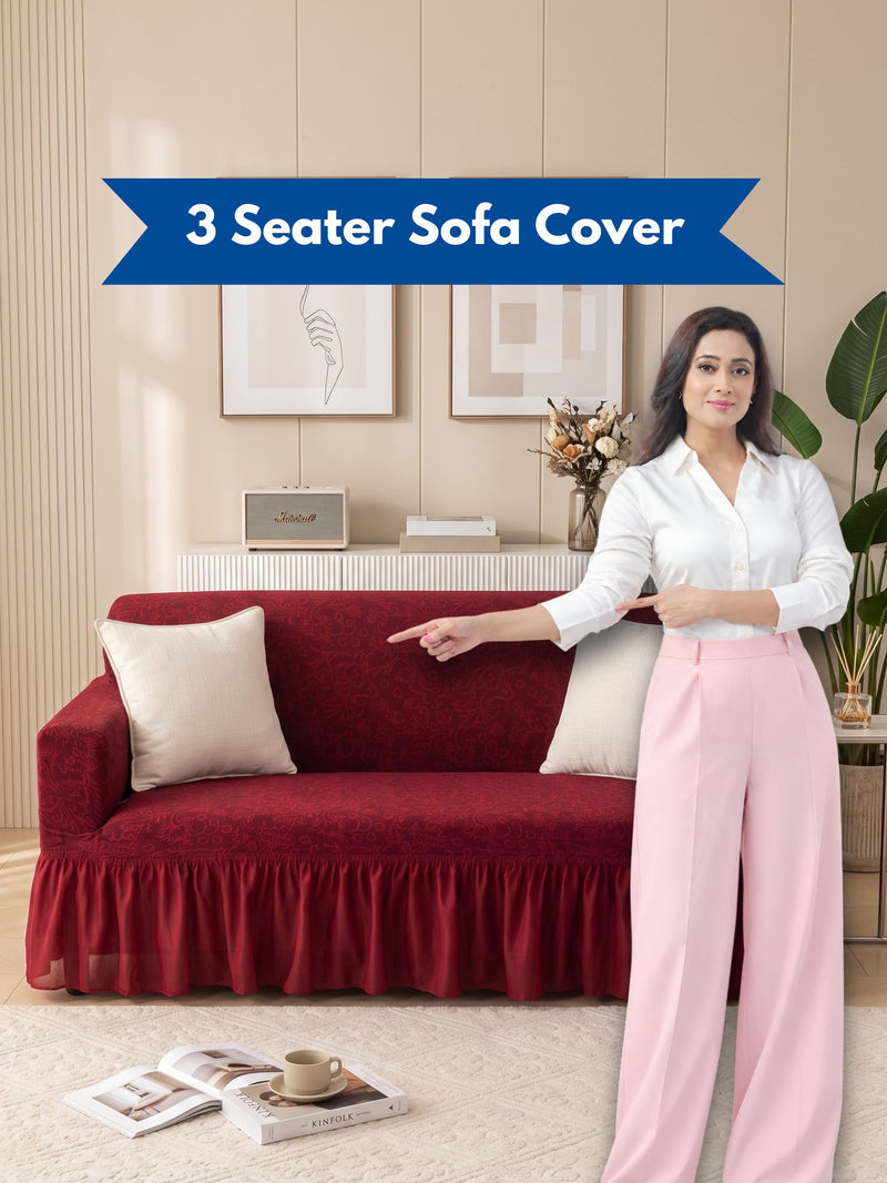 Premium Jacquard Elastic Stretch 3-Seater Sofa Cover with Ruffle Frill Skirt – Fitted Couch Slipcover (Maroon / Red)