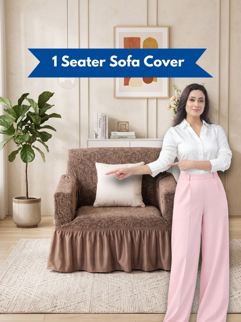 Premium Jacquard Elastic Stretch 1-Seater Sofa Cover with Ruffle Frill Skirt – Fitted Armchair Slipcover (Tan / Beige)