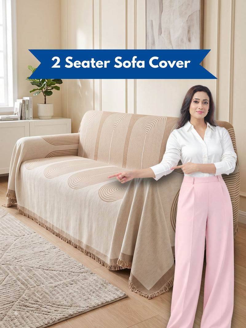 Luxury Beige Geometric 2-Seater Sofa Protector Throw | Dust & Pet-Proof Loveseat Couch Cover