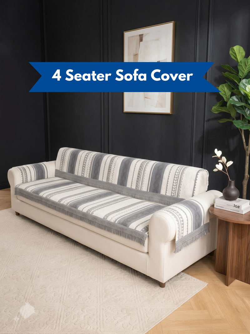 Nordic Boho Sofa Cover – 4 Seater Fringed Couch Throw (Grey Aztec Weave) Handwoven Tassel Sofa Protector | 4 Seater Bohemian Chic Cover – Grey Edition
