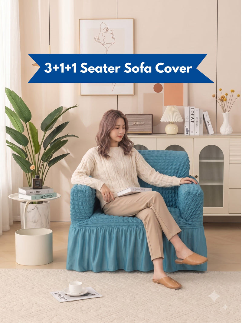 Premium 3+1+1 Seater Elasticated Stretchable Sofa Cover Set with Frill Skirt (Peacock Blue)
