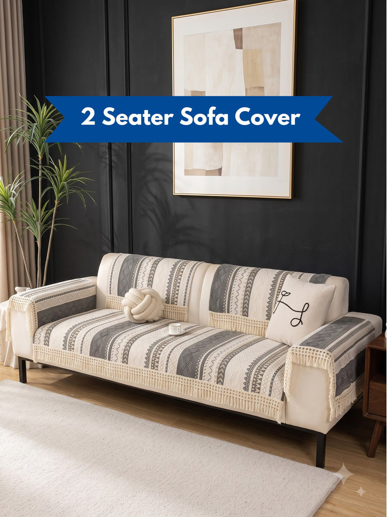 Nordic Boho Sofa Cover – 2 Seater Fringed Couch Throw (Grey Aztec Weave) Handwoven Tassel Sofa Protector | 2 Seater Bohemian Chic Cover – Grey Edition