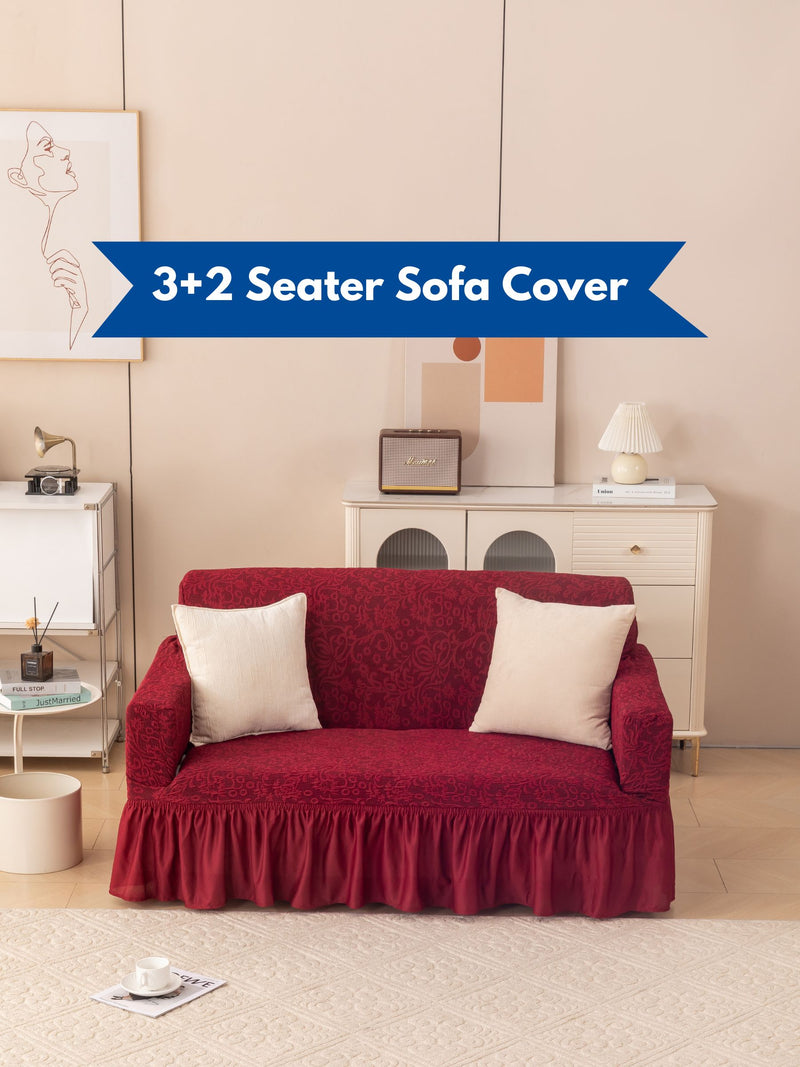 Premium Elasticated 3+2 Seater Sofa Cover Set with Frill – Maroon Red