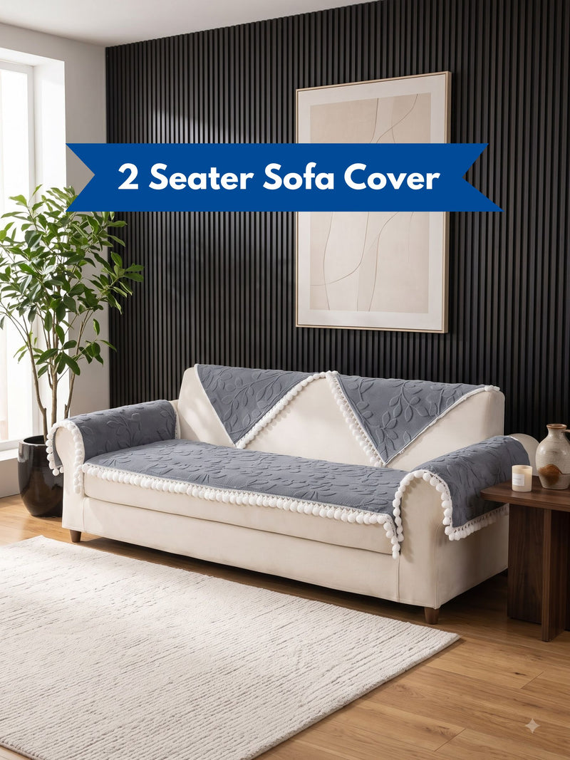 Luxury Floral Jacquard 2-Seater Sofa Cover Mat with Pom-Pom Lace Border – Anti-Slip Loveseat Runner Protector Set (Steel Blue / Grey-Blue)