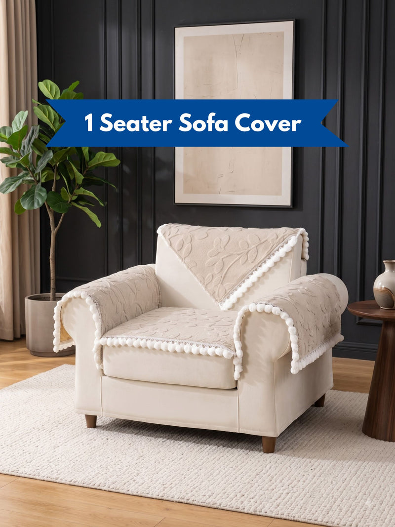 Luxury Floral Jacquard 1-Seater Sofa Cover Mat with Pom-Pom Lace Border – Anti-Slip Armchair Runner Protector Set (Beige / Cream)
