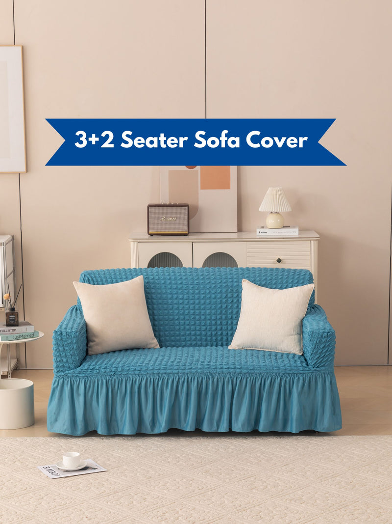 Elegant 5-Seater (3+2) Teal Blue Jacquard Elastic Sofa Slipcover Set with Ruffle Border