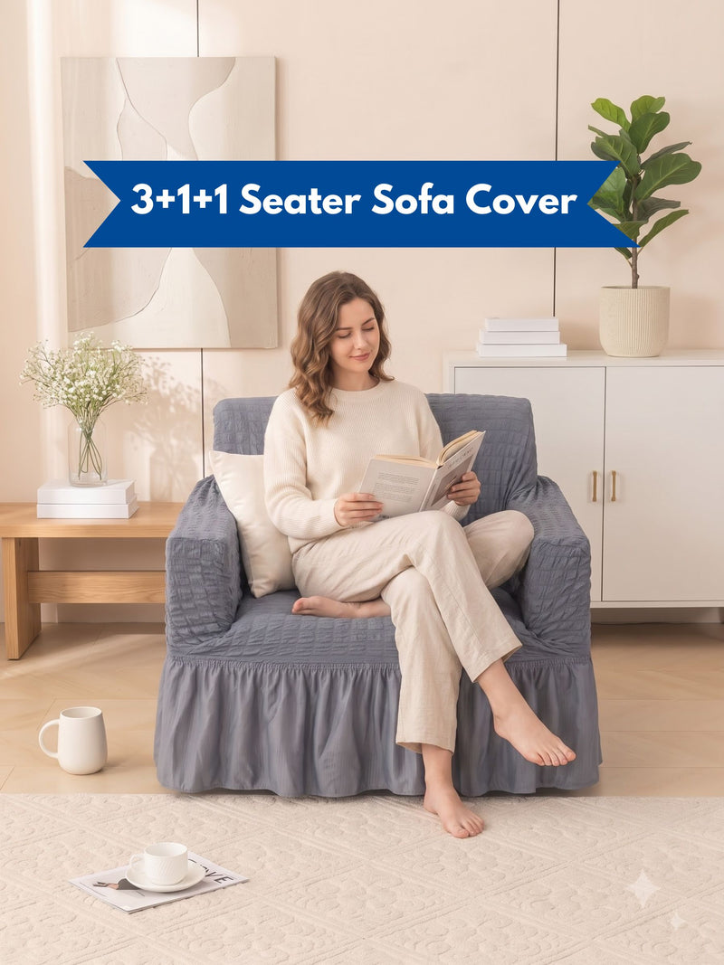 Dark Grey 3+1+1 Seater Stretchable Sofa Cover Set | Premium Fitted Sofa Covers | Magic In Home