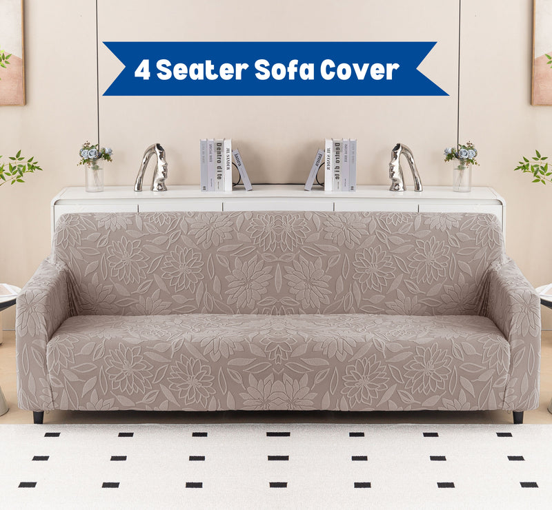 Premium 4 Seater Sofa Cover - Knitted Jacquard, Floral Textured Elastic Slipcover (Brown)