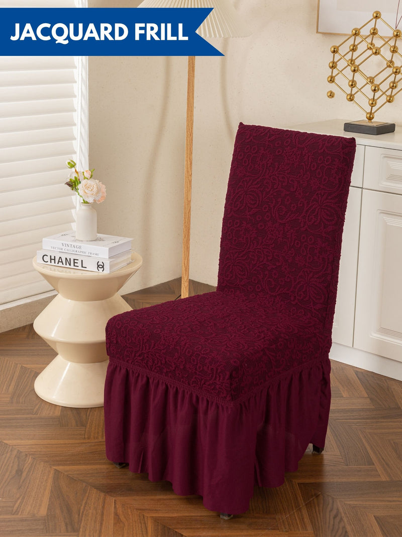 Premium Jacquard Stretch Dining Chair Covers with Ruffle Frill Skirt – Pack of 6 (Maroon / Wine Red)