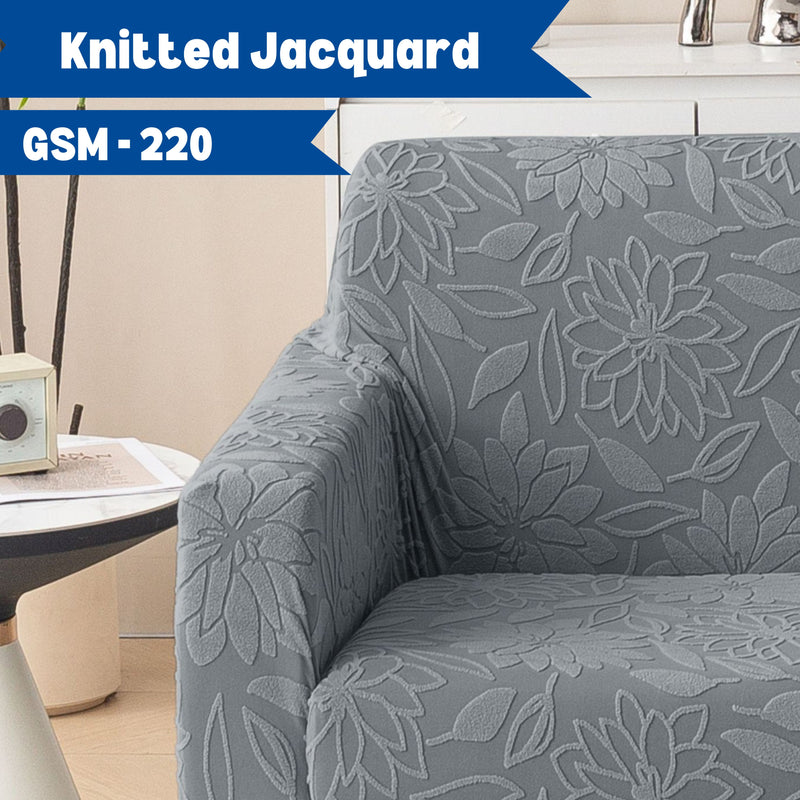 Premium 3+3 Seater Sofa Cover Set - Knitted Jacquard, Floral Textured Elastic Slipcovers (Grey)