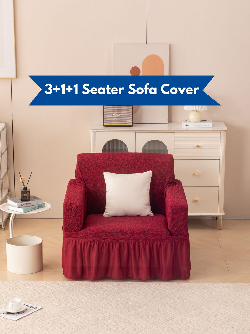 Premium Elasticated 3+1+1 Seater Sofa Cover Set with Frill – Maroon Red   Luxury Elastic Slipcover Set for 3+1+1 Seater Sofa Set (Dust-Proof & Stretchable)