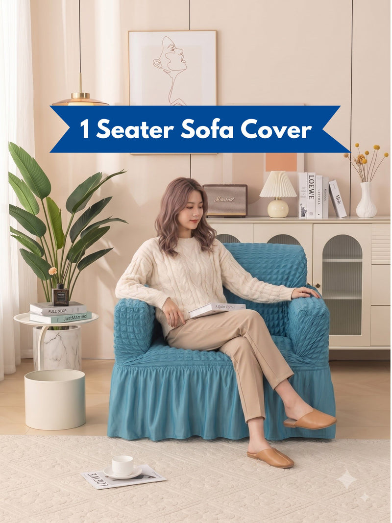 Teal Blue 1 Seater Stretchable Sofa Cover | Premium Fitted Sofa Cover | Magic In Home