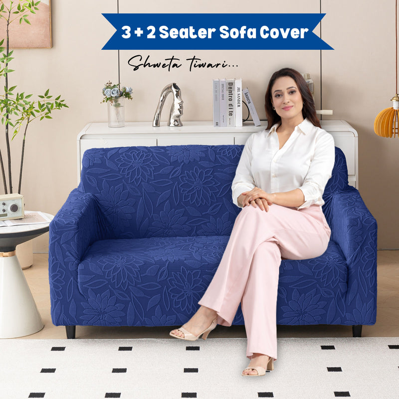 Premium 3+2 Seater Sofa Cover Set - Knitted Jacquard, Floral Textured Elastic Slipcovers (Navy Blue)
