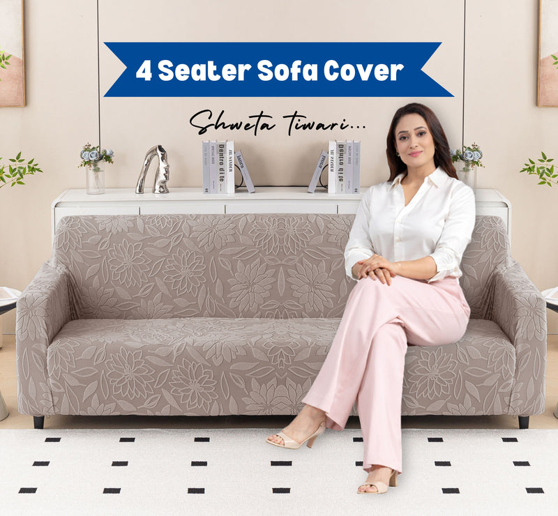 Premium 4 Seater Sofa Cover - Knitted Jacquard, Floral Textured Elastic Slipcover (Brown)