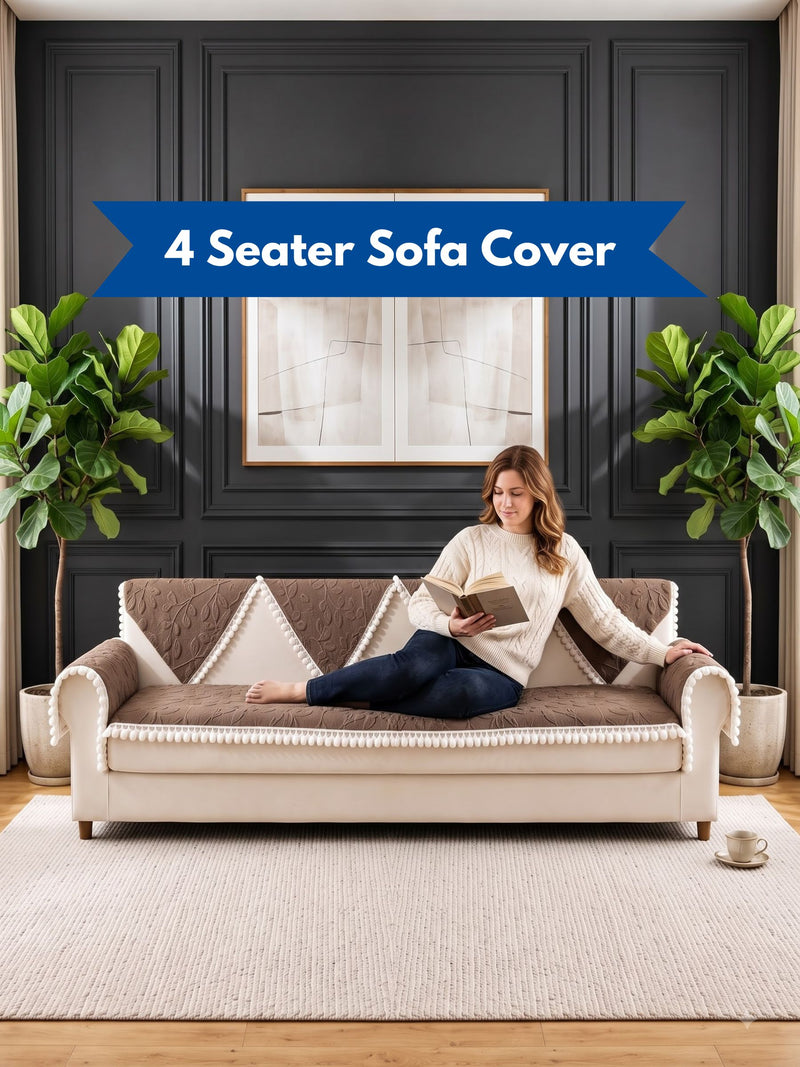 Luxury Floral Jacquard 4-Seater Sofa Cover Mat with Pom-Pom Lace Border – Anti-Slip Extra-Large Couch Runner Protector Set (Brown / Coffee)
