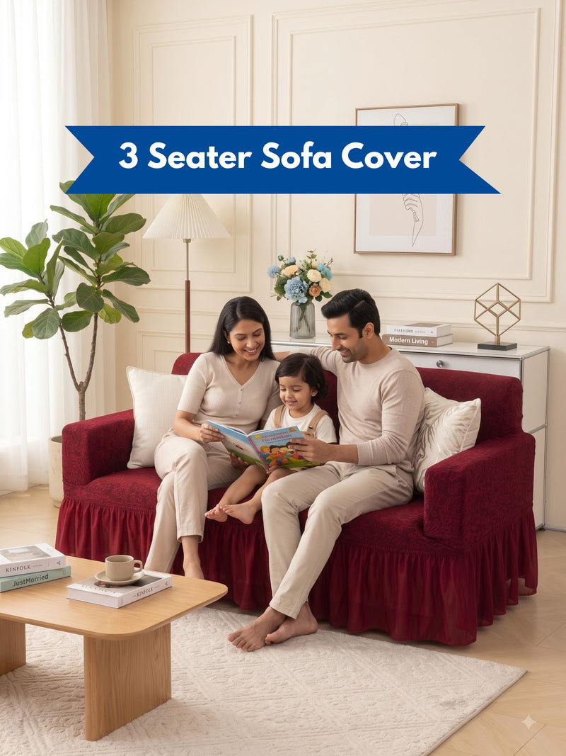 Premium Jacquard Elastic Stretch 3-Seater Sofa Cover with Ruffle Frill Skirt – Fitted Couch Slipcover (Maroon / Red)