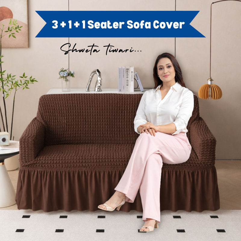 Premium Bubble Frill 3+2 Seater Sofa Cover Set - Dark Brown