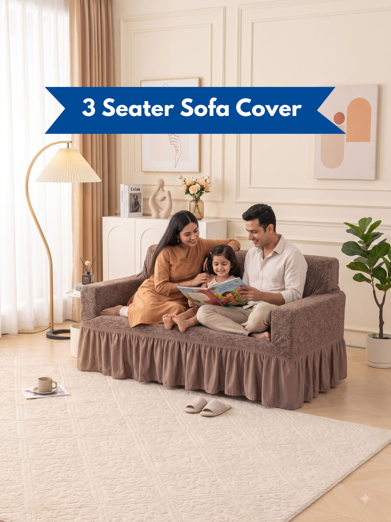 Premium Jacquard Elastic Stretch 3-Seater Sofa Cover with Ruffle Frill Skirt – Fitted Couch Slipcover (Tan / Beige)