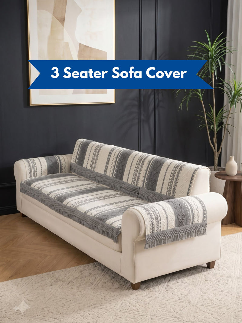 Nordic Boho Sofa Cover – 3 Seater Fringed Couch Throw (Grey Aztec Weave)