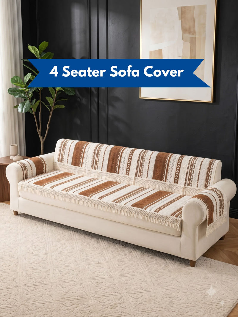 Boho Tassel Sofa Cover – 4 Seater Sofa Protector with Fringe (Cream & Brown) Bohemian Woven Sofa Slipcover | Fringed Couch Cover for 4 Seater Sofa Aztec Pattern Sofa Cover with Tassels – Non-Slip 4 Seater Sofa Protector