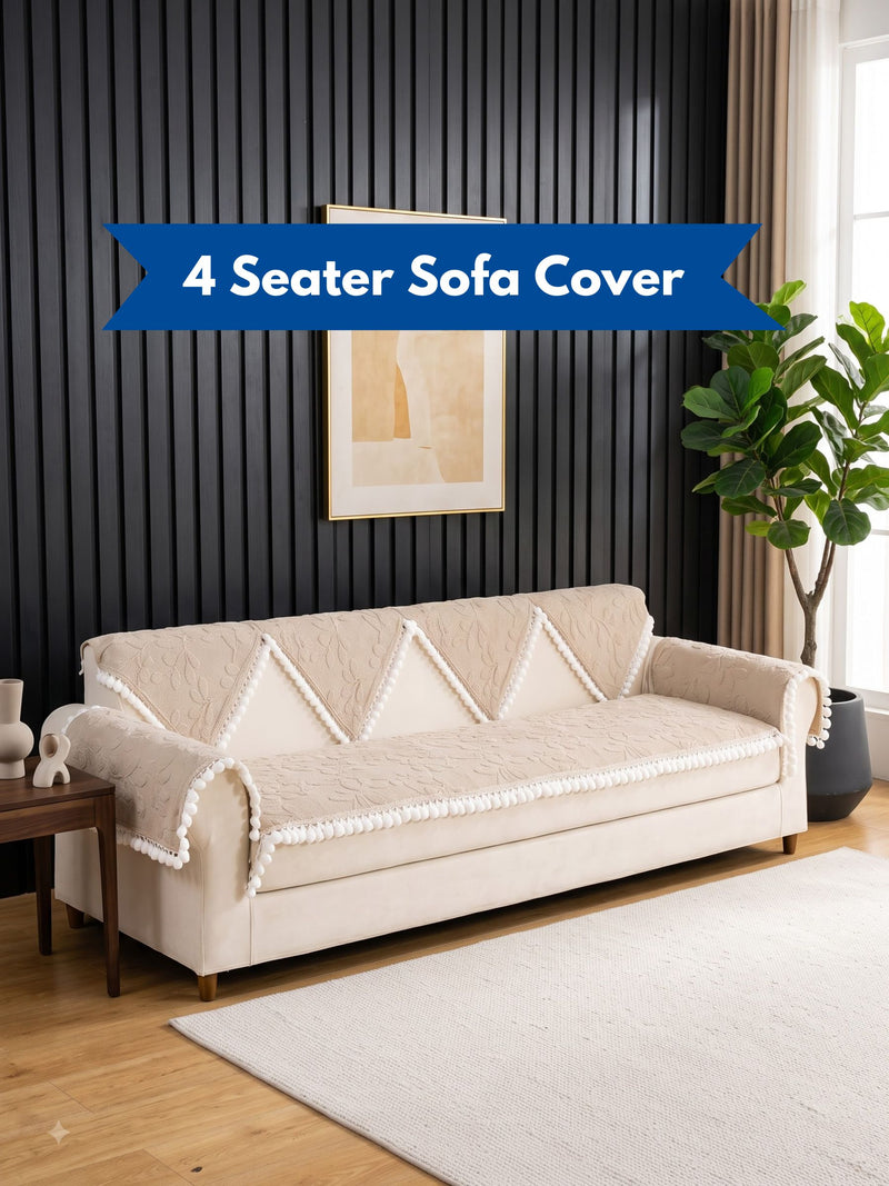 Luxury Floral Jacquard 4-Seater Sofa Cover Mat with Pom-Pom Lace Border – Anti-Slip Extra-Large Couch Runner Protector Set (Beige / Cream)