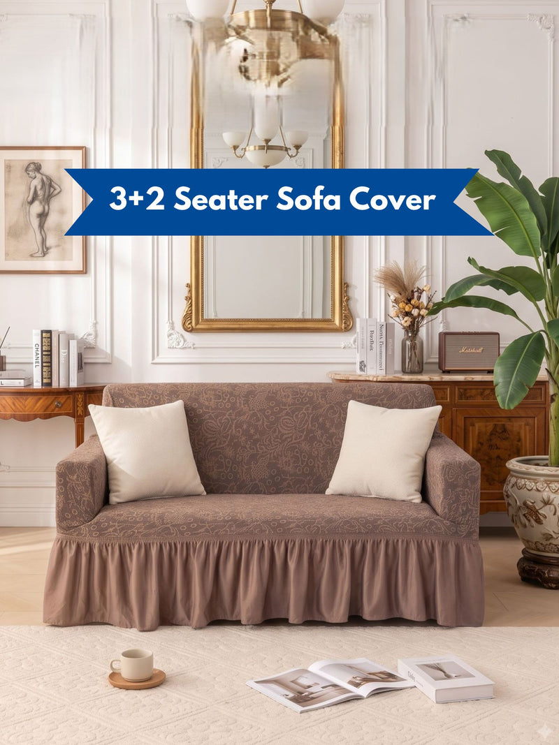 Premium Elasticated 3+2 Seater Sofa Cover Set with Frill – Brown