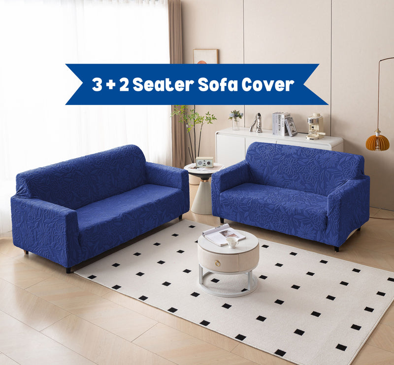 Premium 3+2 Seater Sofa Cover Set - Knitted Jacquard, Floral Textured Elastic Slipcovers (Navy Blue)