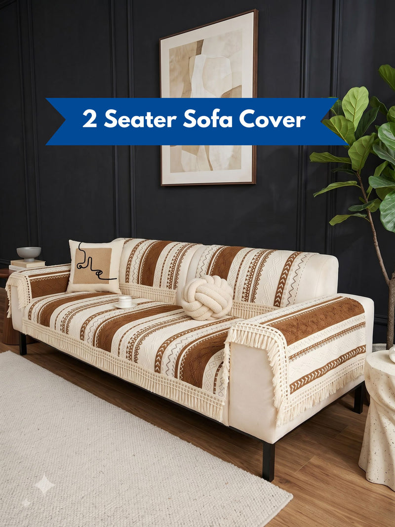Boho Tassel Sofa Cover – 2 Seater Sofa Protector with Fringe (Cream & Brown) Bohemian Woven Sofa Slipcover | Fringed Couch Cover for 2 Seater Sofa Aztec Pattern Sofa Cover with Tassels – Non-Slip 2 Seater Sofa Protector