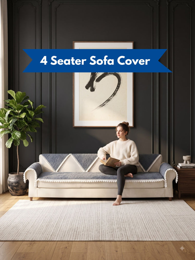 Premium Velvet 4-Seater Sofa Cover with White Pom-Pom Lace Trim & Geometric Triangle Backrest Slipcover