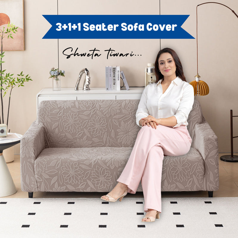 Premium 3+1+1 Seater Sofa Cover Set - Knitted Jacquard, Floral Textured Elastic Slipcovers (Brown)