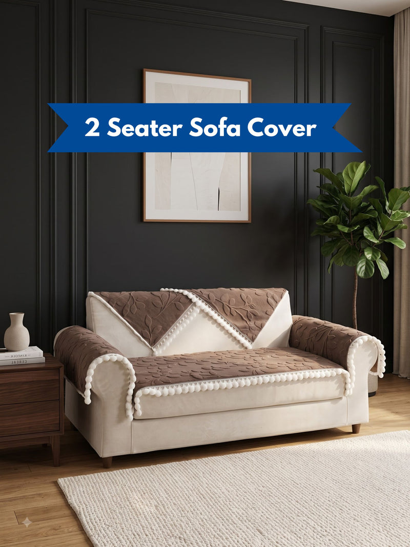 Luxury Floral Jacquard 2-Seater Sofa Cover Mat with Pom-Pom Lace Border – Anti-Slip Loveseat Runner Protector Set (Brown / Coffee)