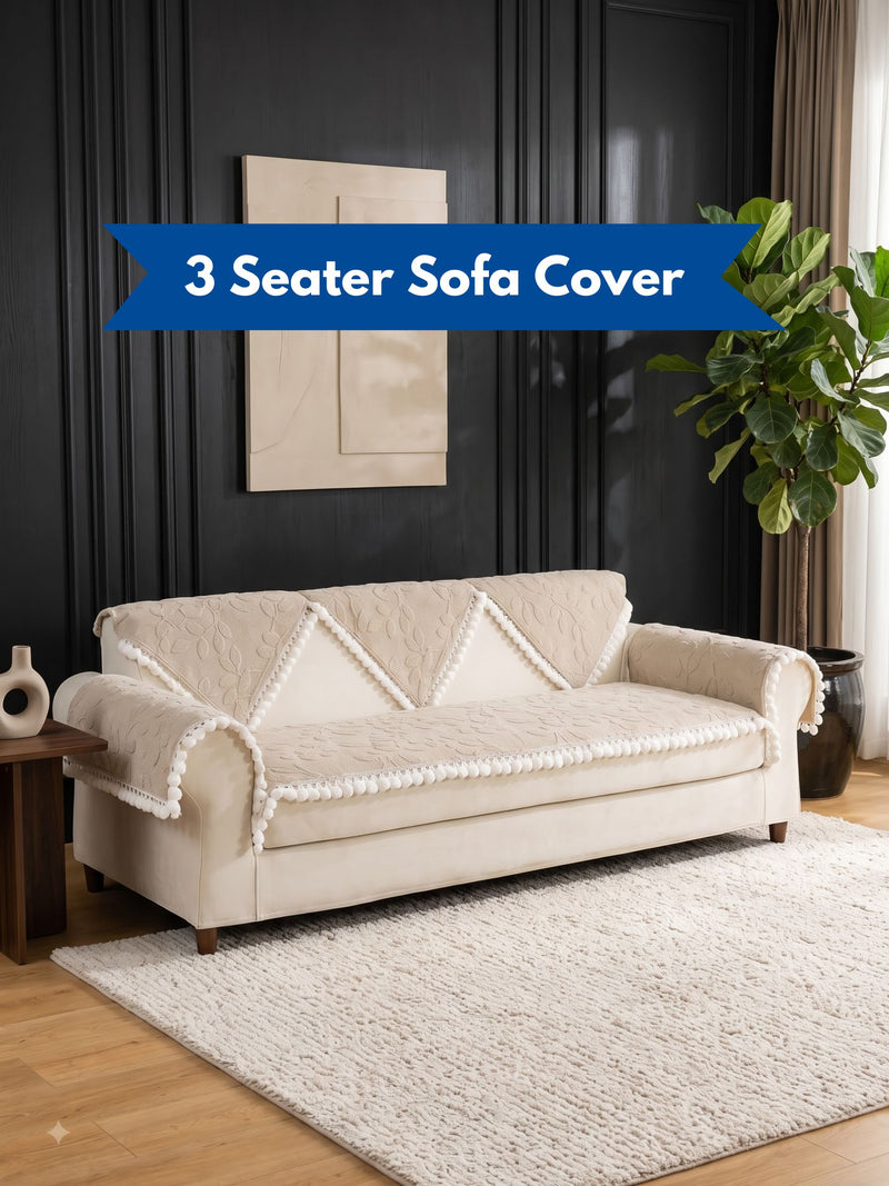 Luxury Floral Jacquard 3-Seater Sofa Cover Mat with Pom-Pom Lace Border – Anti-Slip Couch Runner Protector Set (Beige / Cream)