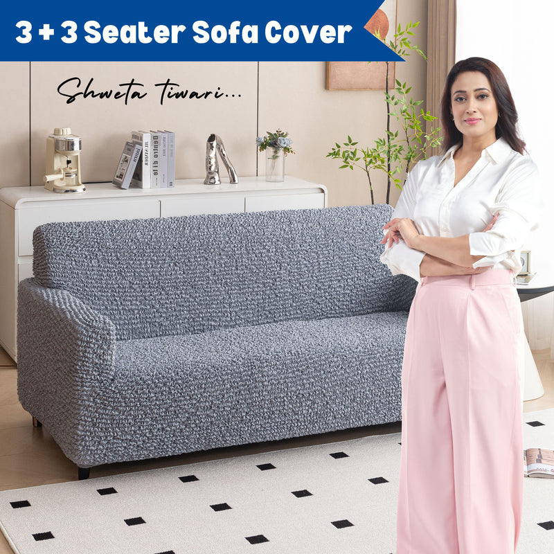 Premium 3+3 Seater Sofa Cover Set - Microfiber Stretchable Italian Textured Slipcovers (Grey)