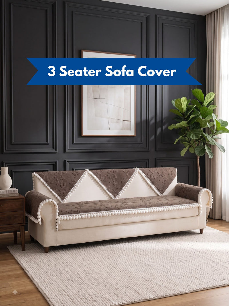 Luxury Floral Jacquard 3-Seater Sofa Cover Mat with Pom-Pom Lace Border – Anti-Slip Couch Runner Protector Set (Brown / Coffee)