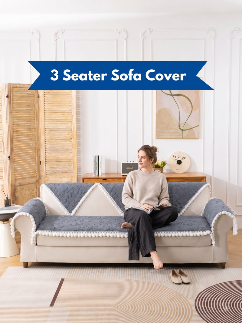 Luxury Velvet Textured 3-Seater Sofa Slipcover | Anti-Slip Couch Protector with Lace Borders