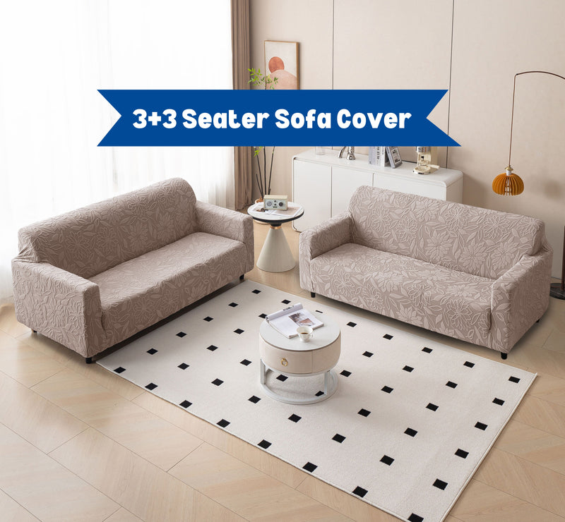 Premium 3+3 Seater Sofa Cover Set - Knitted Jacquard, Floral Textured Elastic Slipcovers (Brown)