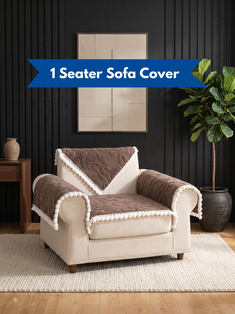 Luxury Floral Jacquard 1-Seater Sofa Cover Mat with Pom-Pom Lace Border – Anti-Slip Armchair Runner Protector Set (Brown / Coffee)