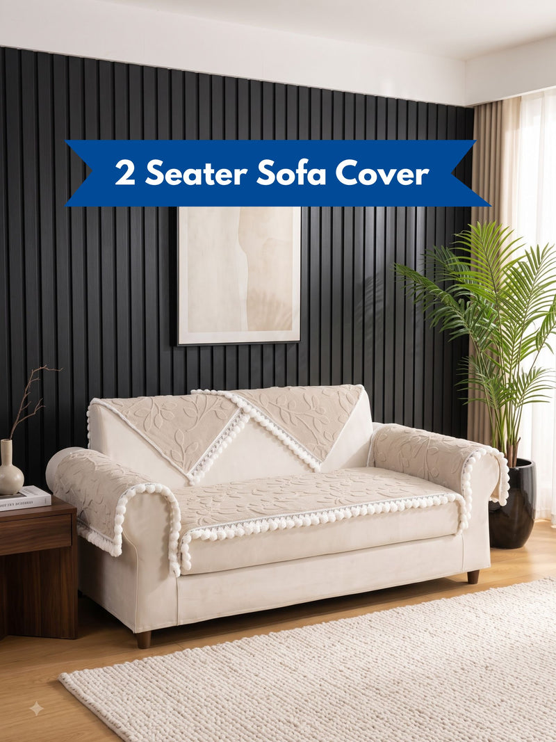 Luxury Floral Jacquard 2-Seater Sofa Cover Mat with Pom-Pom Lace Border – Anti-Slip Loveseat Runner Protector Set (Beige / Cream)