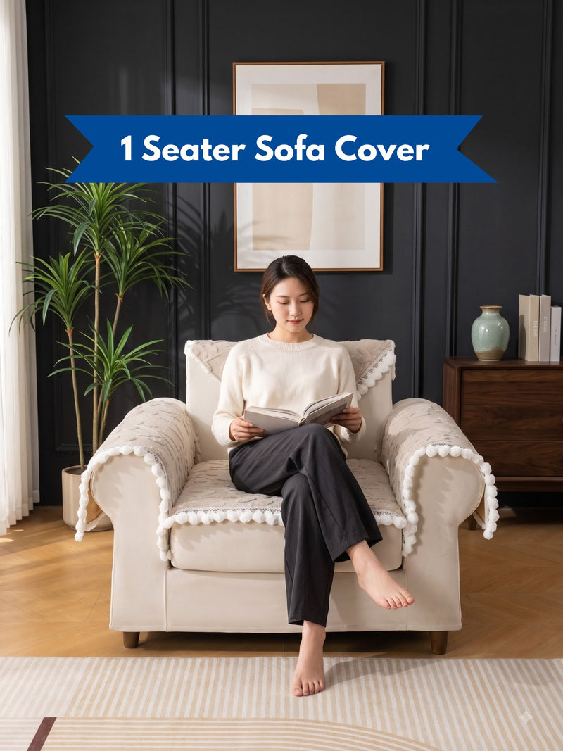 Luxury Floral Jacquard 1-Seater Sofa Cover Mat with Pom-Pom Lace Border – Anti-Slip Armchair Runner Protector Set (Beige / Cream)