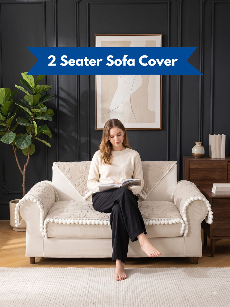Luxury Floral Jacquard 2-Seater Sofa Cover Mat with Pom-Pom Lace Border – Anti-Slip Loveseat Runner Protector Set (Beige / Cream)