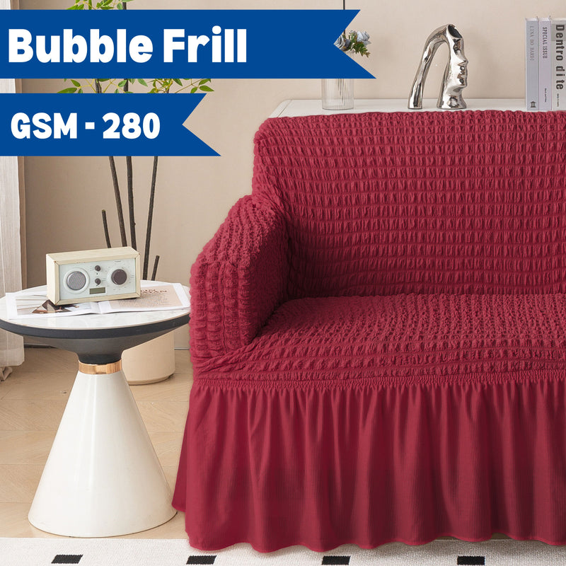 Premium Bubble Frill 3+1+1 Seater Sofa Cover Set - High Stretch Textured Fabric (Maroon)