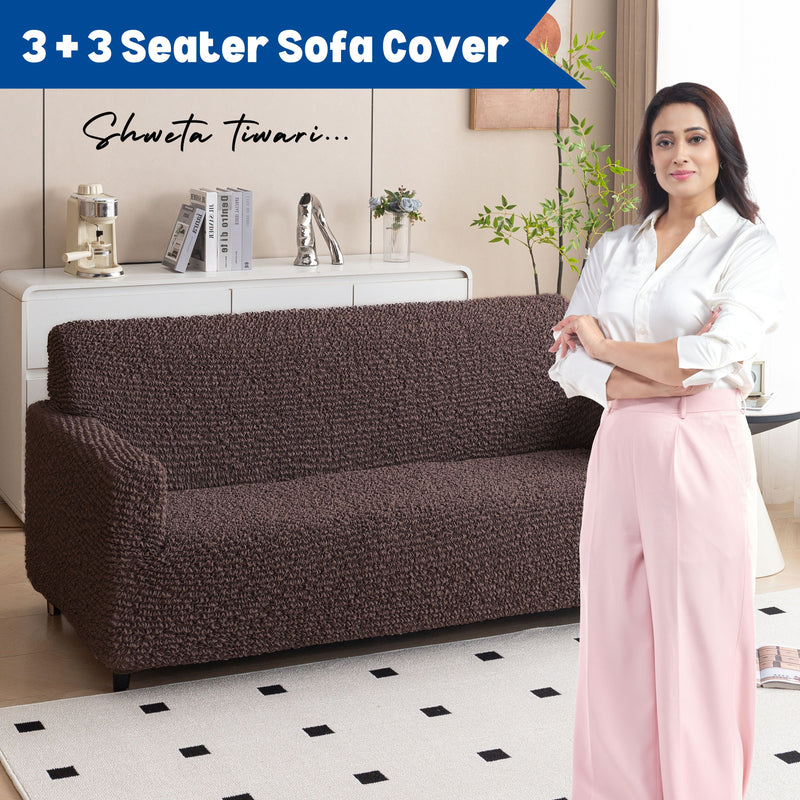 Premium 3+3 Seater Sofa Cover Set - Microfiber Stretchable Italian Textured Slipcovers (Brown)