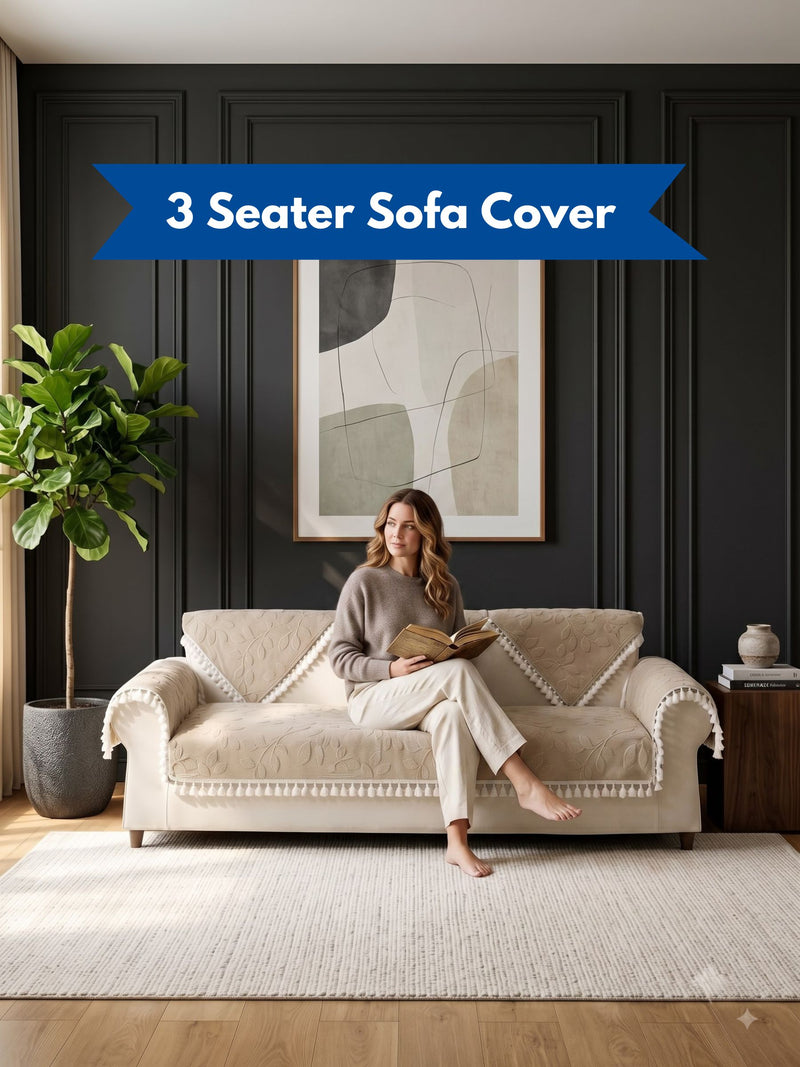 Luxury Floral Jacquard 3-Seater Sofa Cover Mat with Pom-Pom Lace Border – Anti-Slip Couch Runner Protector Set (Beige / Cream)
