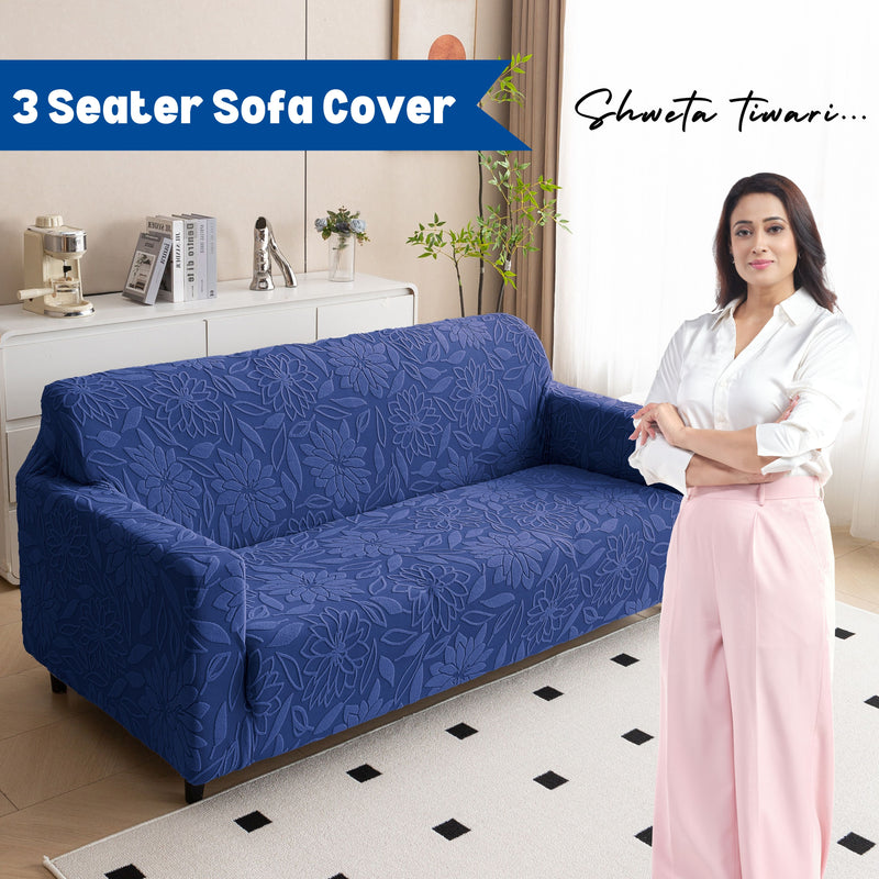 Premium 3 Seater Sofa Cover - Knitted Jacquard, Floral Textured Elastic Slipcover (Navy Blue)