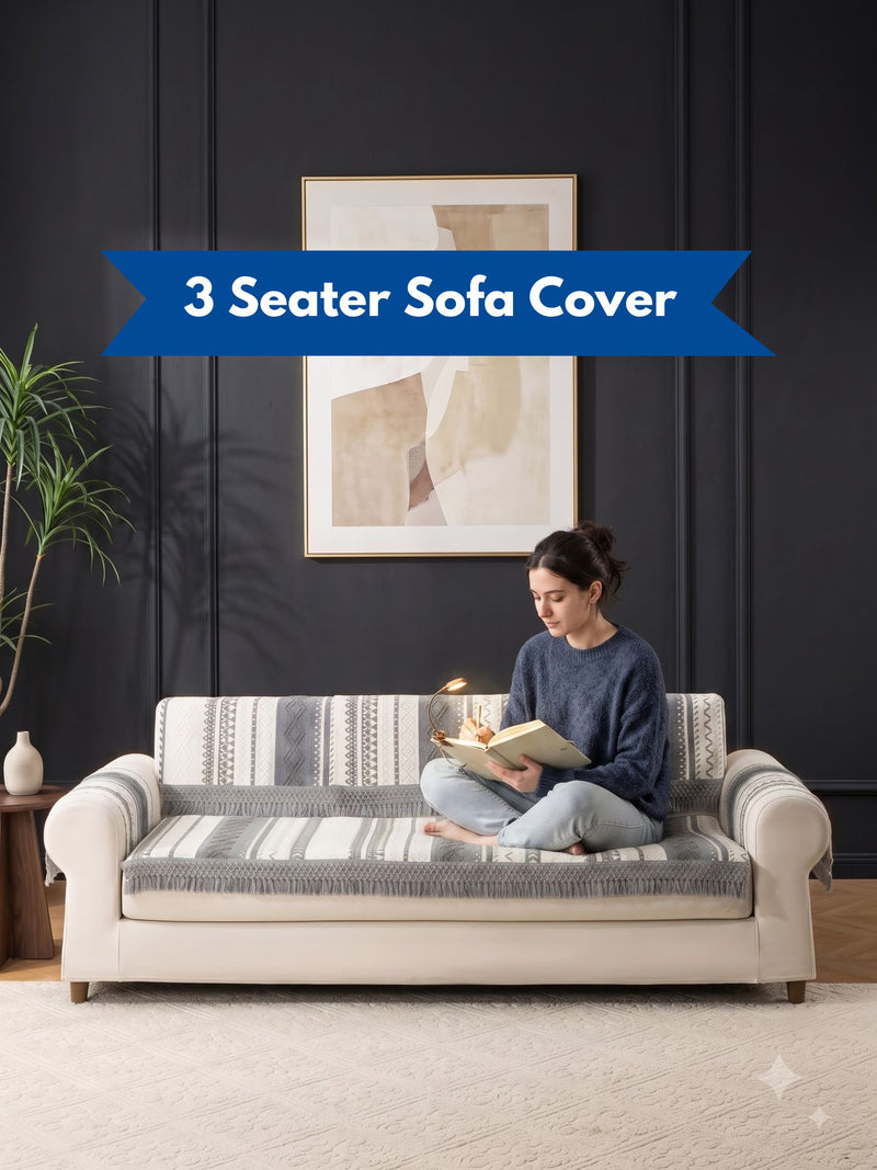 Nordic Boho Sofa Cover – 3 Seater Fringed Couch Throw (Grey Aztec Weave)